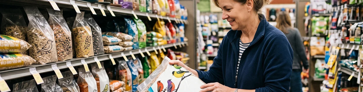 A lady shopping in the bird seed section of a store looking at a bag. 