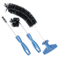 Set of three blue-handled brushes: long pipe brush, smaller round bottle brush, and larger cylindrical brush with T-shaped handle for cleaning various containers.