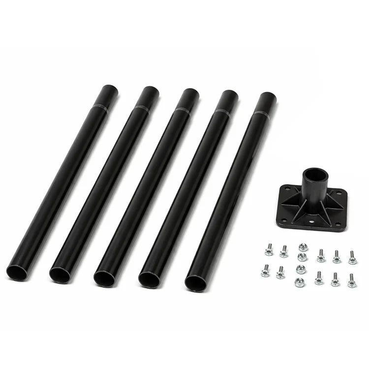 Duncraft Bird-Safe® Perch View Bluebird House & Pole kit with five black tubes, mounting bracket, and fastening hardware for secure installation.