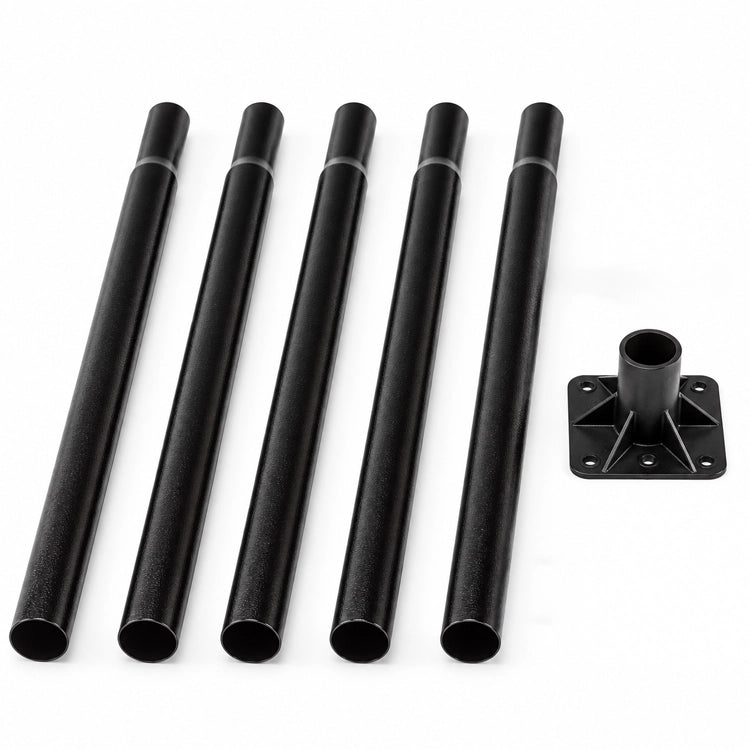 Duncraft Pole kit with five black tubes, mounting bracket on a white background. 
