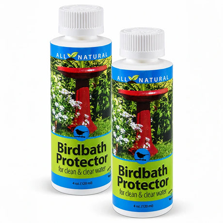 4 oz. Bird Bath Protector, Set of 2, featuring close-up of two bottles designed to prevent algae and mineral deposits in birdbaths.