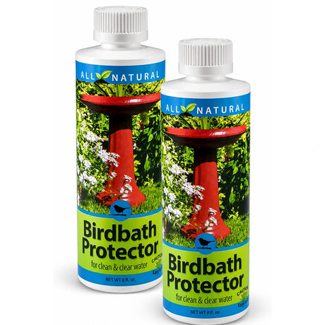 8 oz. Bird Bath Protector, Set of 2, showing two bottles of liquid cleaner designed to prevent algae and mineral buildup in birdbaths.