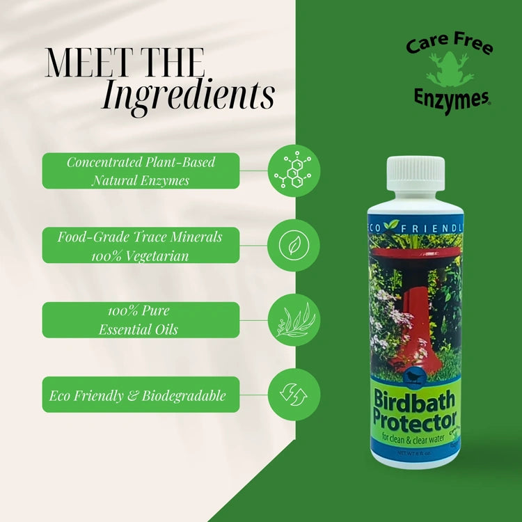 Bottle of Birdbath Protector with green background and text about ingredients.