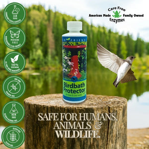 Birdbath Protector bottle on a log with a bird flying, surrounded by nature.