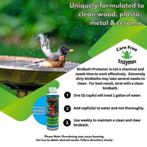 Advertisement for Care Free Enzymes Birdbath Protector with a bird cleaning itself in a birdbath.