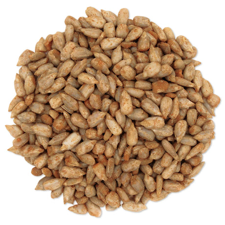 Close-up of hulled, dry-roasted sunflower seeds from the Retail Store Spicy Chips Wild Bird Seed, 20-lb bag, lightly seasoned and ideal for wild bird feeding.