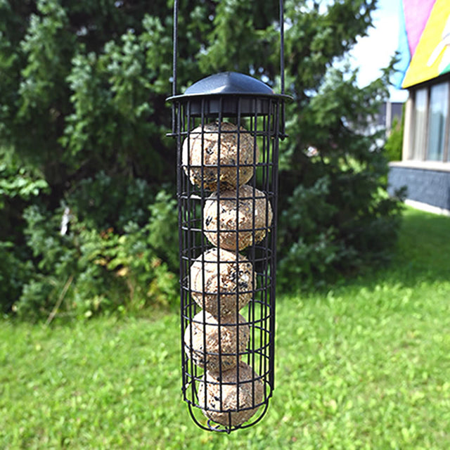 Pinebush Suet Ball Feeder, a metal hanging cage for birds, holds up to five suet balls. Features a lift-off roof for easy refilling.