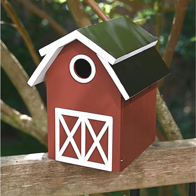 Barn Style Bird House with white-trimmed red exterior and black roof, featuring a double-X barn door design, perfect for small birds to nest comfortably.
