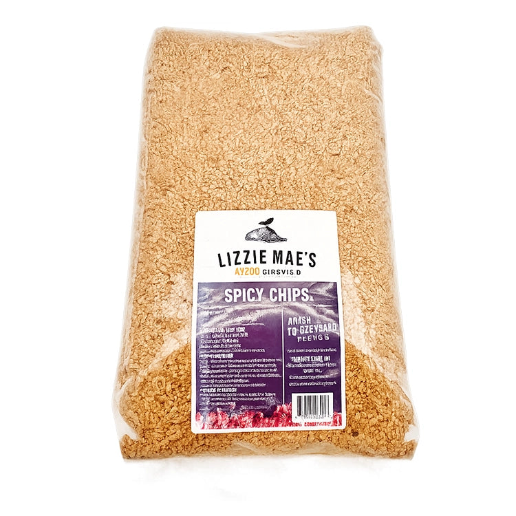 Lizzie Mae’s AY200 GIRSVIS.D Spicy Chips, golden-brown and shredded, in a clear bag. Label includes ingredients and barcode. Perfect for wild bird seed fans.