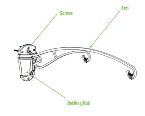 Brome BirdsUP 25 Hanging Bracket assembly drawing showing the wall-mounted docking hub, securing screws, and the curved arm with dual hooks for hanging items.