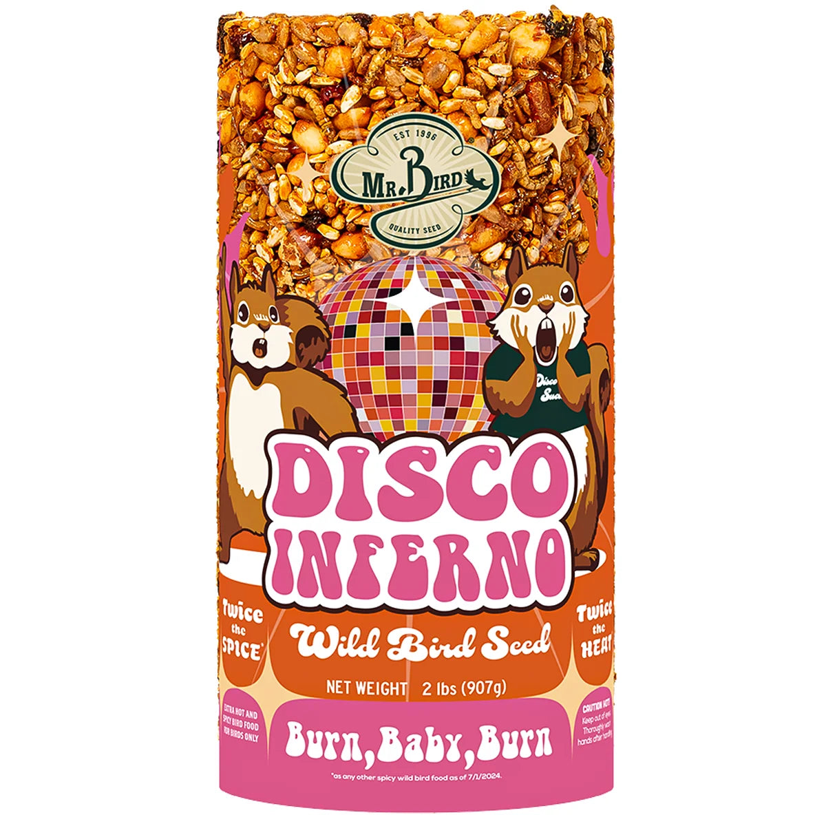 “Disco Inferno Cylinder Small” wild bird seed tub featuring spicy blend, disco ball graphic, and cartoon chipmunks, designed to deter squirrels and attract various birds.