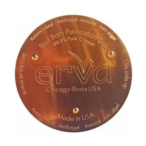 Antimicrobial Copper Bird Bath Purification Disk, 4-inch with three “feet” for elevation, made from 99.9% pure copper to control algae and bacteria in water.