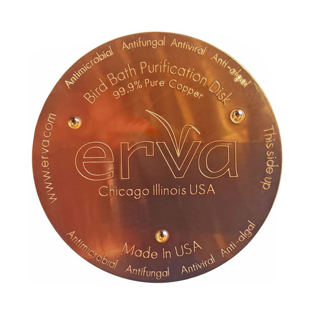 Antimicrobial Copper Bird Bath Purification Disk, 4-inch with three “feet” for elevation, made from 99.9% pure copper to control algae and bacteria in water.