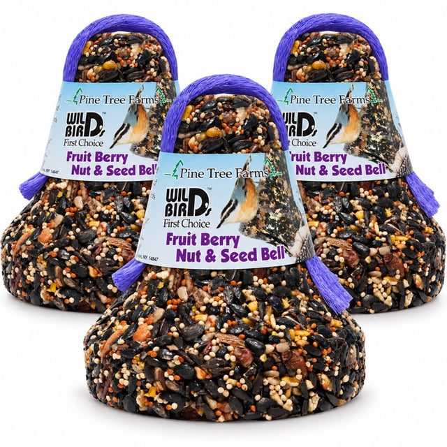 Three Pine Tree Farms Fruit Berry Nut & Seed Bells with pale blue labels and purple hanging loops on a white background.