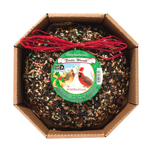 Pine Tree Farms Birdie Wreath wild bird seed wreath with decorative red raffia bow and cardinal label, displayed in its original cardboard packaging.