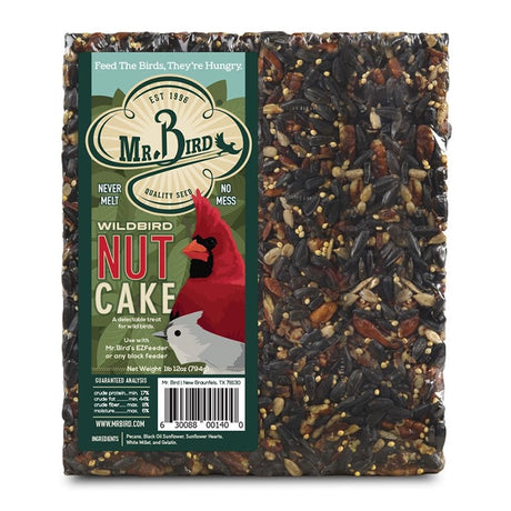 Mr. Bird Wildbird Nut Cake Block Large, a 28 oz. suet cake with pecans and seeds, individually wrapped, ideal for attracting nut-loving birds in feeders.