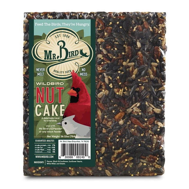 Mr. Bird Wildbird Nut Cake Block Large, a 28 oz. suet cake with pecans and seeds, individually wrapped, ideal for attracting nut-loving birds in feeders.