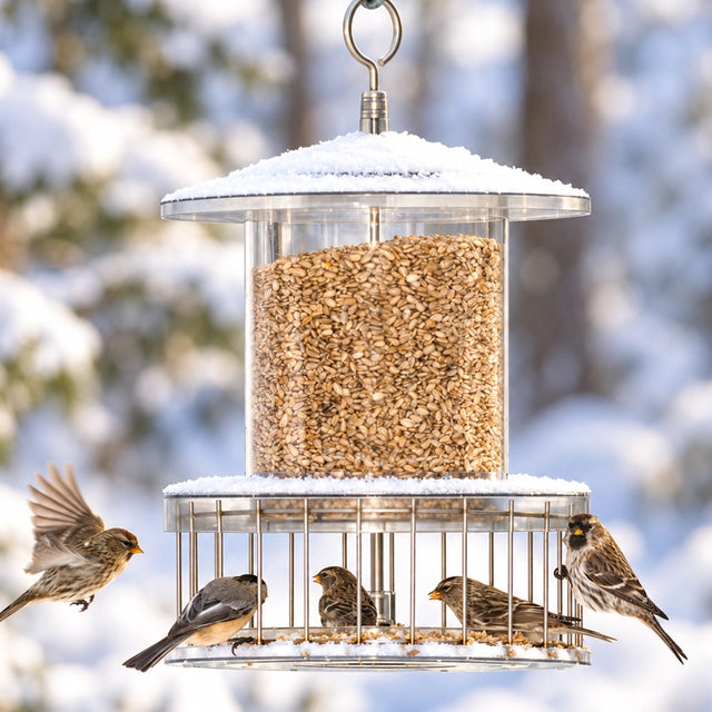 All Weather Feeder with Wire Cage, holding seeds, features a weatherproof design with protected seed ports, a circular baffle, and a squirrel-proof wire cage.