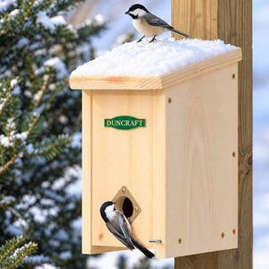 Duncraft wooden winter roosting house mounted on a post with a snow-covered roof, two black-capped chickadees, and a green Duncraft logo against a snowy evergreen background.