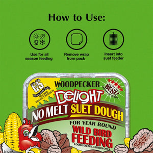 Woodpecker Delight no melt suet dough packaging with usage instructions on a green background