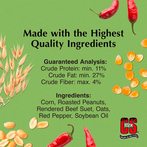 Product label with ingredients and quality information on a green background