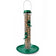 Tube-style bird feeder with a clear seed reservoir, green top and base tray, and multiple feeding ports with perches, filled with mixed seed and shown on a white background.