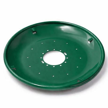 Green metal seed tray with a shallow bowl shape, central mounting hole, and multiple drainage holes, shown on a white background.