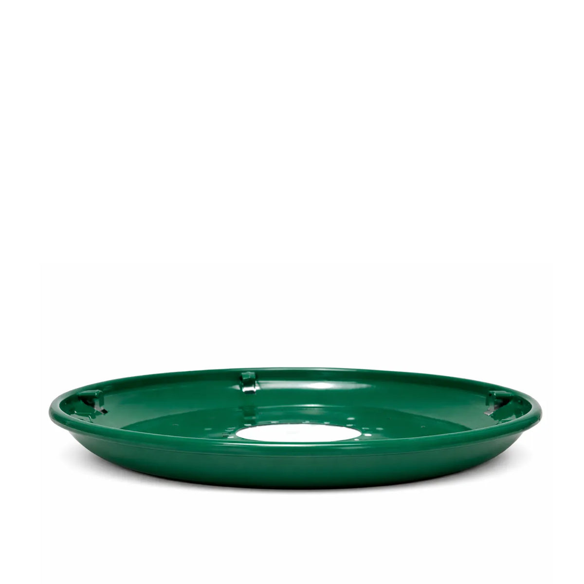 Green metal seed tray with a shallow dish design and central mounting hole, shown on a white background.