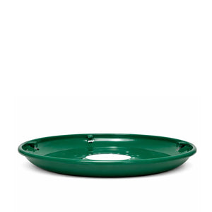 Green metal seed tray with a shallow dish design and central mounting hole, shown on a white background.