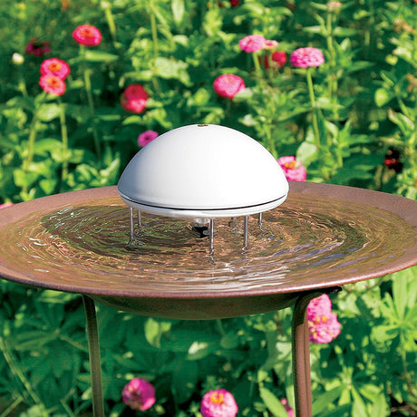 Water Wiggler in a birdbath features a floating dome-shaped solar fountain, creating ripples to attract birds and deter mosquitoes with silent water movement.