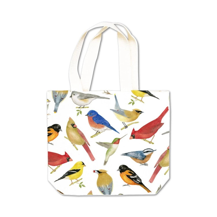 Gift Tote, Wildbirds: Off-white canvas mini tote with watercolor-style songbirds, featuring cream handles. Ideal for small gifts and reusable for various occasions.