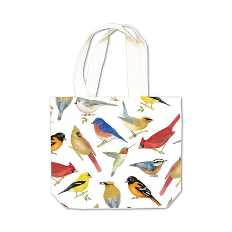 Gift Tote, Wildbirds: Off-white canvas mini tote with watercolor-style songbirds, featuring cream handles. Ideal for small gifts and reusable for various occasions.