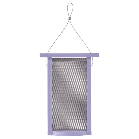Tall Finch Feeder, Purple: A small, rectangular mesh bag with a wire loop, designed for finches to cling and feed, holds 1.2 lbs. of seed.