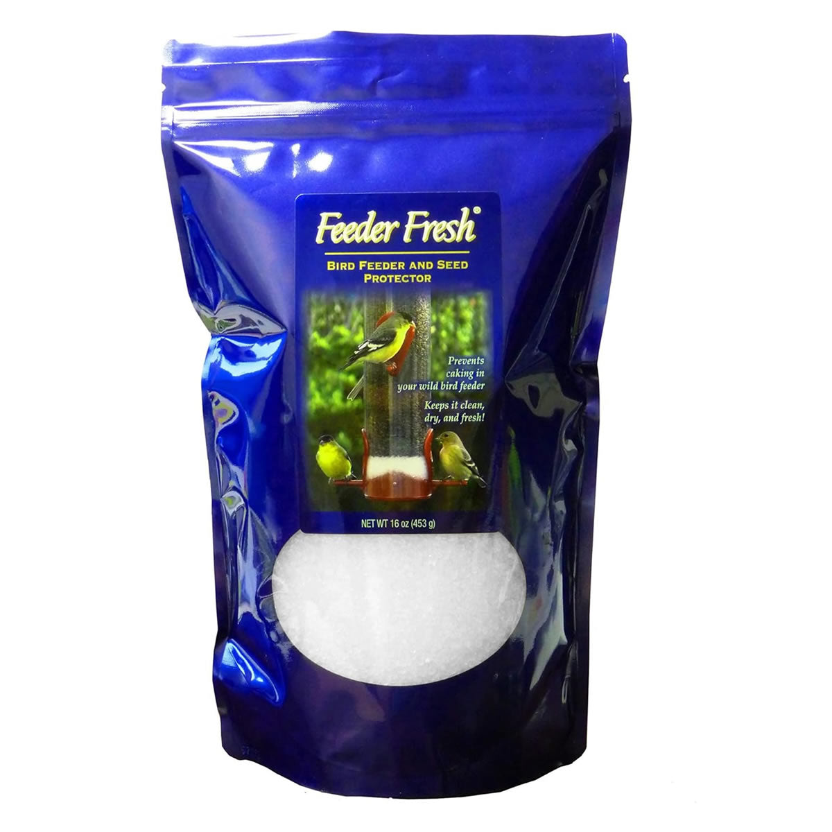 Feeder Fresh Seed and Feeder Protector, Large; a blue bag containing sand-like grit to keep birdseed dry and fresh in feeders, preventing moisture-related issues.