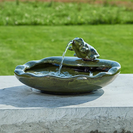 Ceramic Frog Solar Fountain with a frog spouting water into a scalloped bowl. Sits on a ledge, ideal for gardens, powered by solar energy.