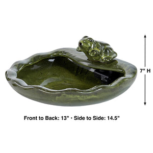 Ceramic Frog Solar Fountain featuring a green lily pad bowl with a frog figurine and integrated pump, designed for solar-powered water flow on patios or gardens.