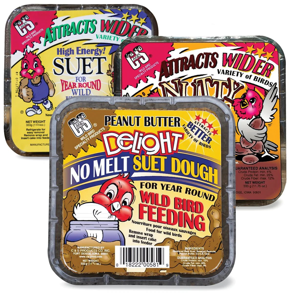 Suet Sampler, Set of 6 features three tubs of high-energy Peanut Butter Delight suet cakes for attracting diverse backyard songbirds, ideal for year-round feeding.