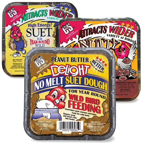 Suet Sampler, Set of 6 features three tubs of high-energy Peanut Butter Delight suet cakes for attracting diverse backyard songbirds, ideal for year-round feeding.