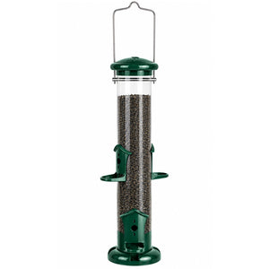 Green nyjer seed tube bird feeder with clear reservoir, small feeding ports, built-in perches, and metal hanging handle on white background.