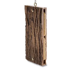 BirdsChoice Suet Sandwich Feeder with bark-textured exterior, split open to show two suet cakes inside, designed for woodpeckers to cling and feed.