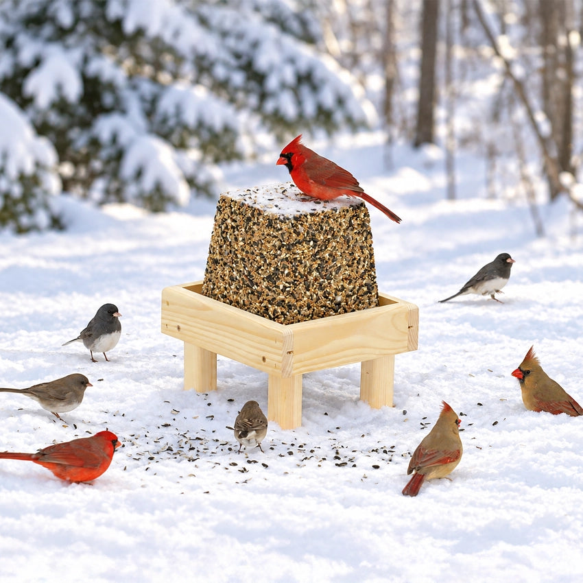 Duncraft Premium Jumbo Block in snow, surrounded by various birds feeding.