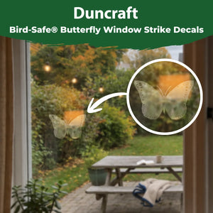 Duncraft Bird-Safe butterfly window strike decal displayed on a window with a close-up showing its translucent design.