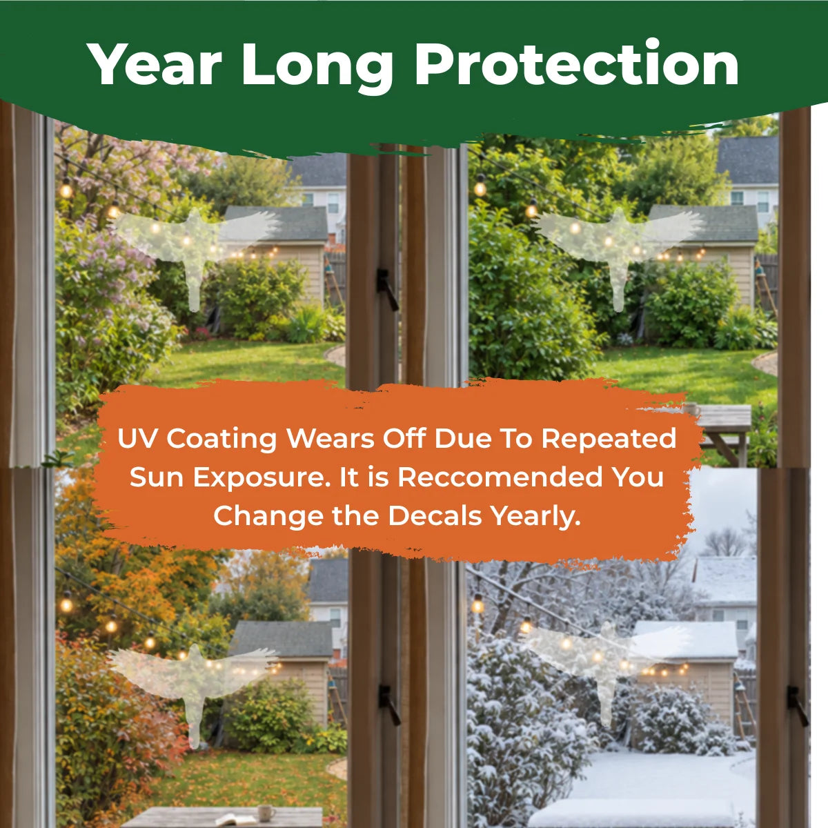 Hawk bird-safe window decals shown through spring, summer, fall, and winter with a reminder to replace them yearly.