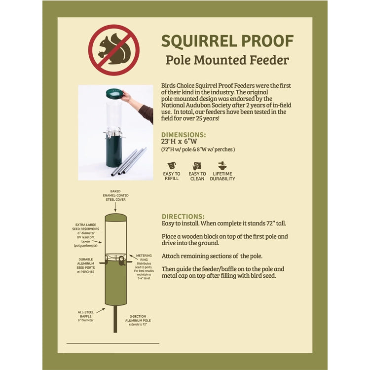 Birds Choice squirrel-proof pole-mounted bird feeder installation guide showing dimensions, six feeding ports, steel baffle, and three-section aluminum pole.