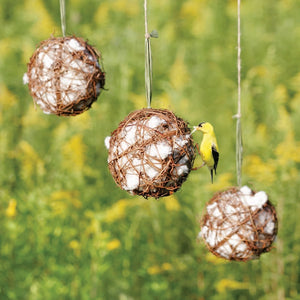 Grapevine Globes, Set of 3, with a goldfinch extracting cotton from woven twig spheres, ideal for providing nesting material for birds.