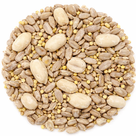 Lizzie Mae Spicy Chips Wild Bird Seed, 20-lb bag featuring hulled sunflower kernels, whole peanuts, and millet seeds, perfect for attracting birds with no waste.