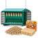 Mini Seeds N More Bird Feeder with a 5 lb bag of Whole Sunflower Hearts and two Peanut Treat Suet Cakes on a white background.