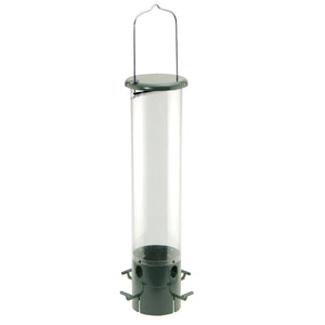 MAGNET® Squirrel-Resistant Bird Feeder, clear tubular design with magnetic weight-activated perches, adjustable sensitivity, slip-proof tube, and large seed capacity.