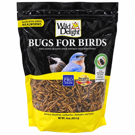 Wild Delight Bugs For Birds, 16 oz. bag shown alongside a close-up of a bird, highlighting the premium, protein-rich blend for attracting insect-eating birds.