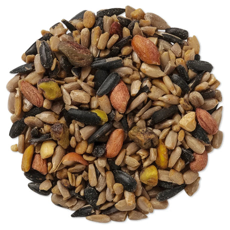 Wild Delight Sizzle N' Heat Wild Bird Seed, 5-lb bag, featuring a close-up of spicy chili seed mix with nuts, designed to attract birds and repel squirrels.